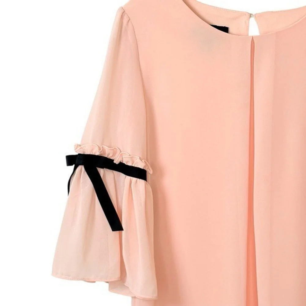 Y2K Ally B. Dainty Feminine Pink PolyChiffon Dress S Bow Bell Sleeve Fairy - Picture 3 of 10